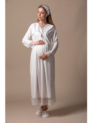 Effortt Dantelli Hamile Lohusa Gecelik %85 Pamuk, Ekru Renk, Rahat Kesim ve Emzirme Özellikli
