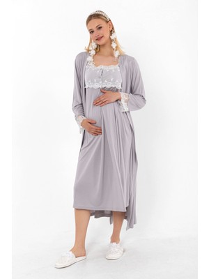 Effortt Gri Hamile Lohusa Gecelik Takım %85 Pamuk Emzirme Özellikli Rahat Model