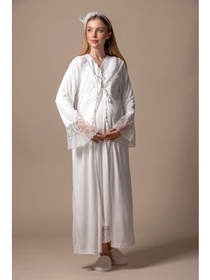 Effortt Hamile Lohusa Gecelik Takım %85 Pamuk Ekru Renk Emzirme Özellikli Rahat Model