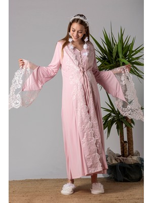 Effortt Pembe Sabahlıklı Hamile Lohusa Gecelik Takım %85 Pamuk Emzirme Özellikli Rahat Model