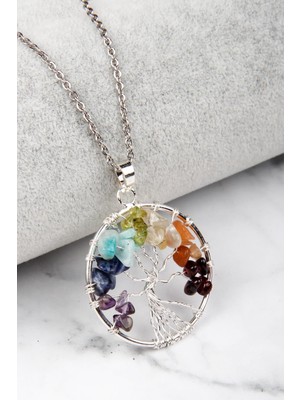 Asya Gems Tel Sarmalı 7 Çakra Hayat Ağacı Doğal Taş Kolye