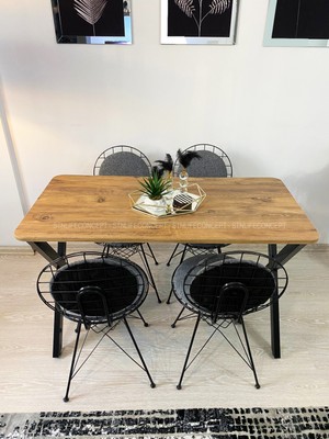 STN Life Concept Mutfak Masa Takımı 60X120CM Yemek Masası 4 Yuvarlak Tel Sandalye x Metal Ayaklı Masa Seti Atlantik Çam