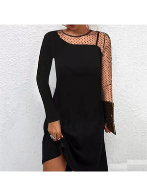 Gülseç Store Kadın Siyah Uzun Kollu Boyun ve Kol Puantiyeli Krep Elbise