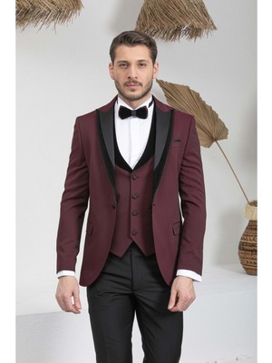 Zayfa Bordo Slim Fit Kadife Saten Yaka Erkek Damatlık Smokin