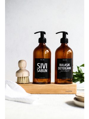 Lalezen Ahşap Standlı Siyah Sıvı Sabun - Bulaşık Deterjanı Etiketli Fırçali Set