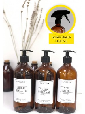 Lalezen 3'lü Amber Cam Şişe 500 ml Bulaşık Deterjanı Sıvı Sabun Mutfak Temizleyici Etiketli