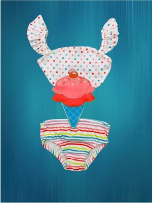 Lolli Boom Kids Kız Çocuk Mayokini Dondurma Temalı Puantiyeli- Kol Fırfırlı - Son Sezon Kostüm Mayo