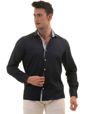 Exve Exclusive Lacivert Oxford Yaka ve Manşet Içi Yaprak Desenli Slim Fit Gömlek