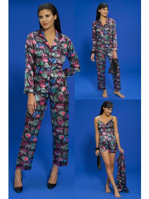 for you in&out 7'li Kaplan Flamingo Desenli Yeşil Pijama Takımı S27483