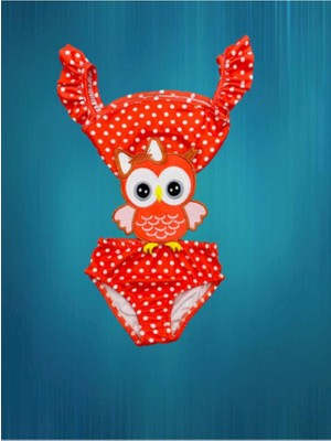 Lolli Boom Kids Kız Çocuk Mayokini Sevimli Baykuş Temalı Turuncu Renk Kol Fırfırlı - Son Sezon Kostüm Mayo