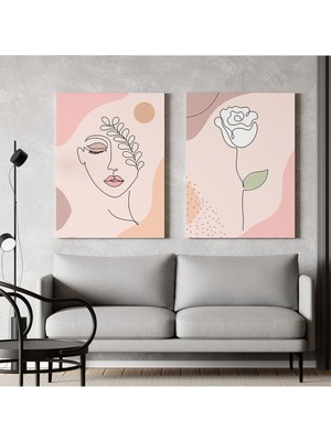 2'li Set Tablo Minimal Art Çizgili Çiçek Soyut Modern Dekorasyon Kanvas Tablo