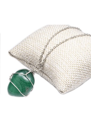 Tesbih Atölyesi Sertifikalı Doğal Yeşil Akik Taşı Kolye - Tel Sarmallı