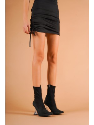 Moda Radikal Glass Cana Siyah Süet Stiletto Kadeh Topuklu Kadın Bot