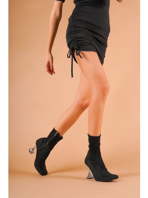 Moda Radikal Glass Cana Siyah Süet Stiletto Kadeh Topuklu Kadın Bot