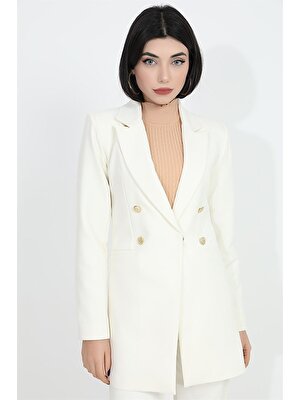 Sunset Boutiquee Btq Omuzları Vatkalı Önü Çıtçıtlı Atlas Kumaş Kadın Blazer Ceket - Ekru