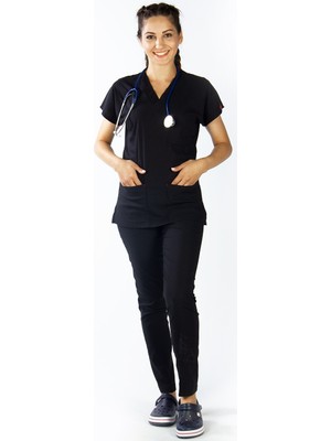 Uçak Medikal Siyah U-Flex Likralı Cerrahi Takım L Konforlu ve Ergonomik Tasarım
