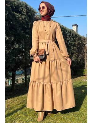 Rabia Şamlı Bej Gabardin Elbise
