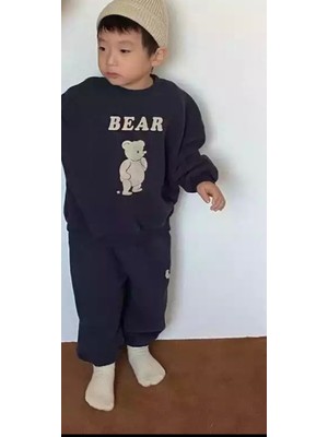 Amor Man Özel Tasarım Bear Baskılı 3 Iplik %100 Pamuk Tam Kışlık Erkek Çocuk Eşofman Takımı