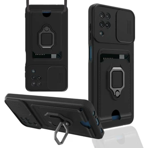 M.TK Moveteck Samsung Galaxy A12 Kılıf Kamera Korumalı Kızaklı Ipli Yüzüklü Kartvizitli Zuma Silikon