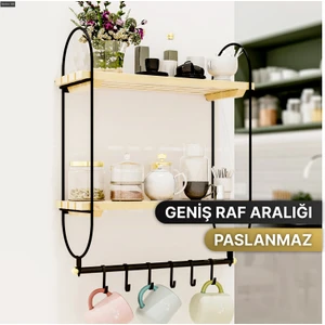 Mutfak Rafı Bardak Askısı Kahve Fincanı Kupa Askısı Düzenleyici 6 Kancalı Ahşap Raf Organizeri