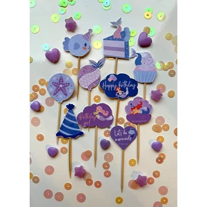 The Istanbul Event 10'lu Minik Lila Kız Çocuk Deniz Kızı Konseptli Cupcake Topper - Doğum Günü Konuşma Balonu Çubukları