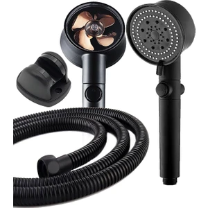 Turbo Pervaneli 5 Fonksiyonlu Duş Başlığı Duş Hortumu 150 cm ve Mafsal Set Siyah