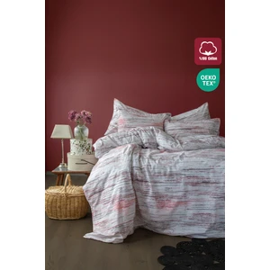 Leruum London Stripes %100 Pamuk  Çift kişilik Nevresim ve 2 Adet Yastık Kılıfı Seti Kırmızı Gri Çizgili