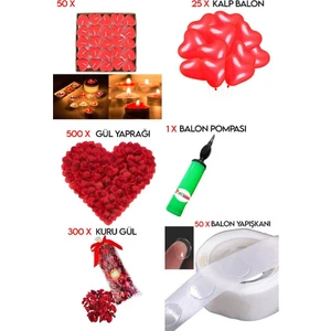 Hayaller Dükkanı 50 Kalp Mum, 25 Kalp Balon, 500 Gül Yaprağı, 300 Kuru Gül, 1 Balon Pompası Evlilik Teklifi Paket Set