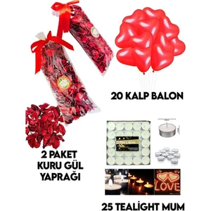 Hayaller Dükkanı 00 Kuru Gül Yaprağı,20 Kalp Balon,25 Beyaz Mum Romantik  14 Şubat Sevgililer Günü Doğum Günü