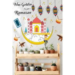 Hoşgeldin Ramazan Renkli Fener Sarkıt Cam Duvar Camili Sticker Seti