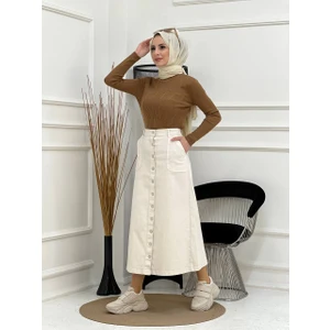Boydan Düğmeli Gabardin Etek- Ekru