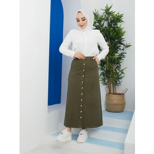 Boydan Düğmeli Gabardin Etek- Haki