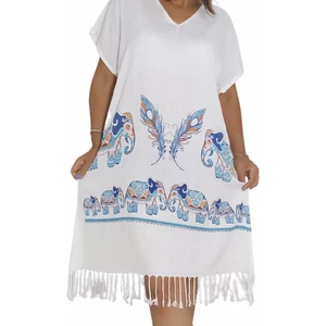 Nevin Acar Lüks Desenli Bambu Filler Peştemal Plaj Elbisesi Beyaz Renk Hafif ve Yumuşak