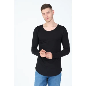 The One Siyah Erkek Basic Uzun Kol Kesik Yaka, Açık Yaka, Oval Kesim, %100 Pamuklu Slim T-Shirt