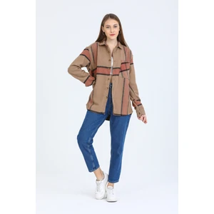 Mero Life Kadın Krem Oversize Tek Cepli Kareli Pamuklu Kalın Kumaş Oduncu Gömleği