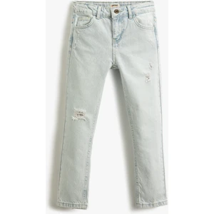 Kot Pantolon Yıpratılmış Detaylı Pamuklu Cepli - Slim Jean  Beli Ayarlanabilir Lastikli