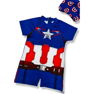 Lolli Boom Kids  Kaptan Amerika  Hassas Ten Yarım Kollu Fermuarlı Yüzücü Tarz Bone Hediyeli
