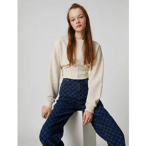 Crop Sweatshirt Beli Korsajlı Uzun Kollu Bisiklet Yaka