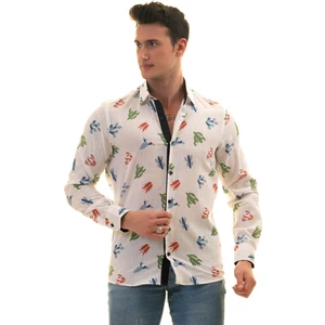 Exve Exclusive Beyaz Üzeri Renkli Kaktüs Baskılı Flamlı Nefes Alan Slim Fit Gömlek