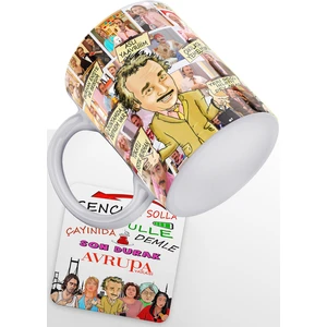 Avrupa Yakası Serisi Burhan Altıntop Baskılı Porselen Kupa, Ahşap Bardak Altlığı Hediyeli