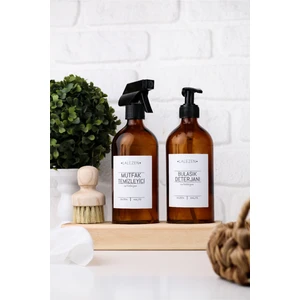 Ahşap Standlı Fırçalı Bulaşık Deterjanı ve Mutfak Temizleyici Etiketli Amber Cam Şişeler 500 ml