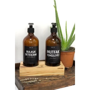 Ahşap Standlı Bulaşık Deterjanı ve Mutfak Temizleyici Siyah Etiketli Amber Cam Şişe 500 ml