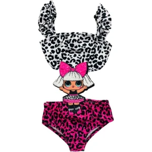 Lolli Boom Kids Kız Çocuk  Fuşya Siyah Beyaz Leopar Mayokini Lol Bebek Kol Fırfırlı Son Sezon Kostüm Mayo