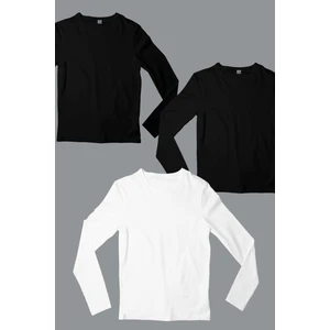 Düz 2 Siyah, 1 Beyaz Uzun Kollu Erkek T-Shirt 3'Lü Eko Paket