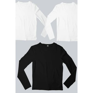 Düz 2 Beyaz, 1 Siyah Uzun Kollu Erkek T-Shirt 3'Lü Eko Paket