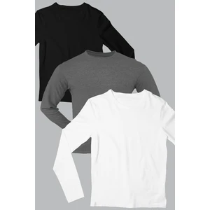 Düz Siyah, Antrasit, Beyaz Uzun Kollu Erkek T-Shirt 3'Lü Eko Paket