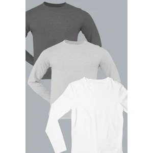 Düz Beyaz, Antrasit, Gri Uzun Kollu Erkek T-Shirt 3'Lü Eko Paket