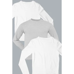 Düz 2 Beyaz, 1 Gri Uzun Kollu Erkek T-Shirt 3'Lü Eko Paket