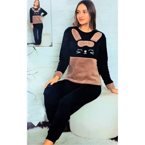 Pamuklu  Pelüş Desenli Kadın Pijama Takımı Lacivert