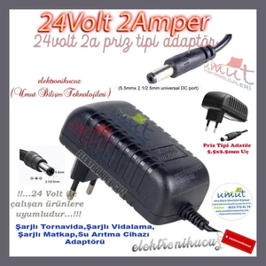 24V 2A Adaptör - 24 Volt 2 Amper Adaptör -24V 2A Adaptör 5.5x2.5 mm Jak Fişli Plastik Kasa Adaptör